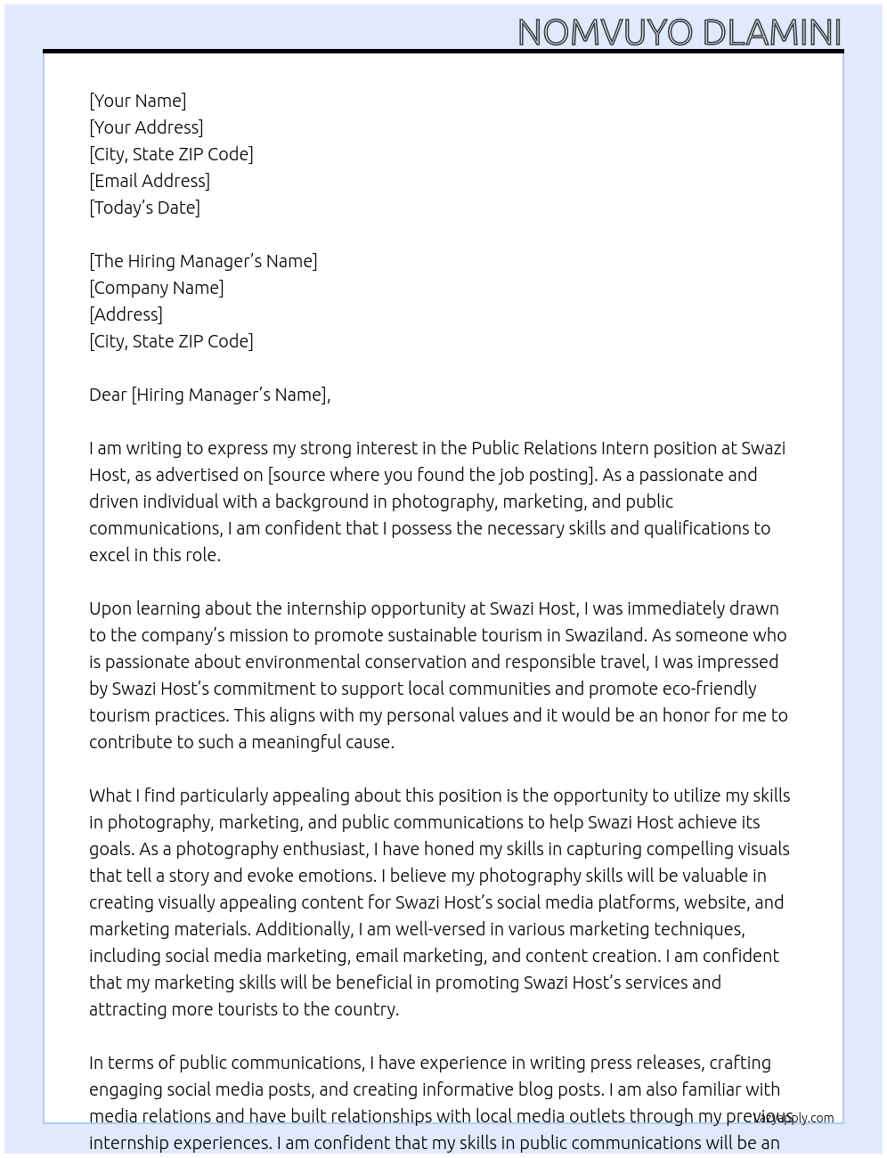 Public Relations Intern At Swazi Host Cover Letter