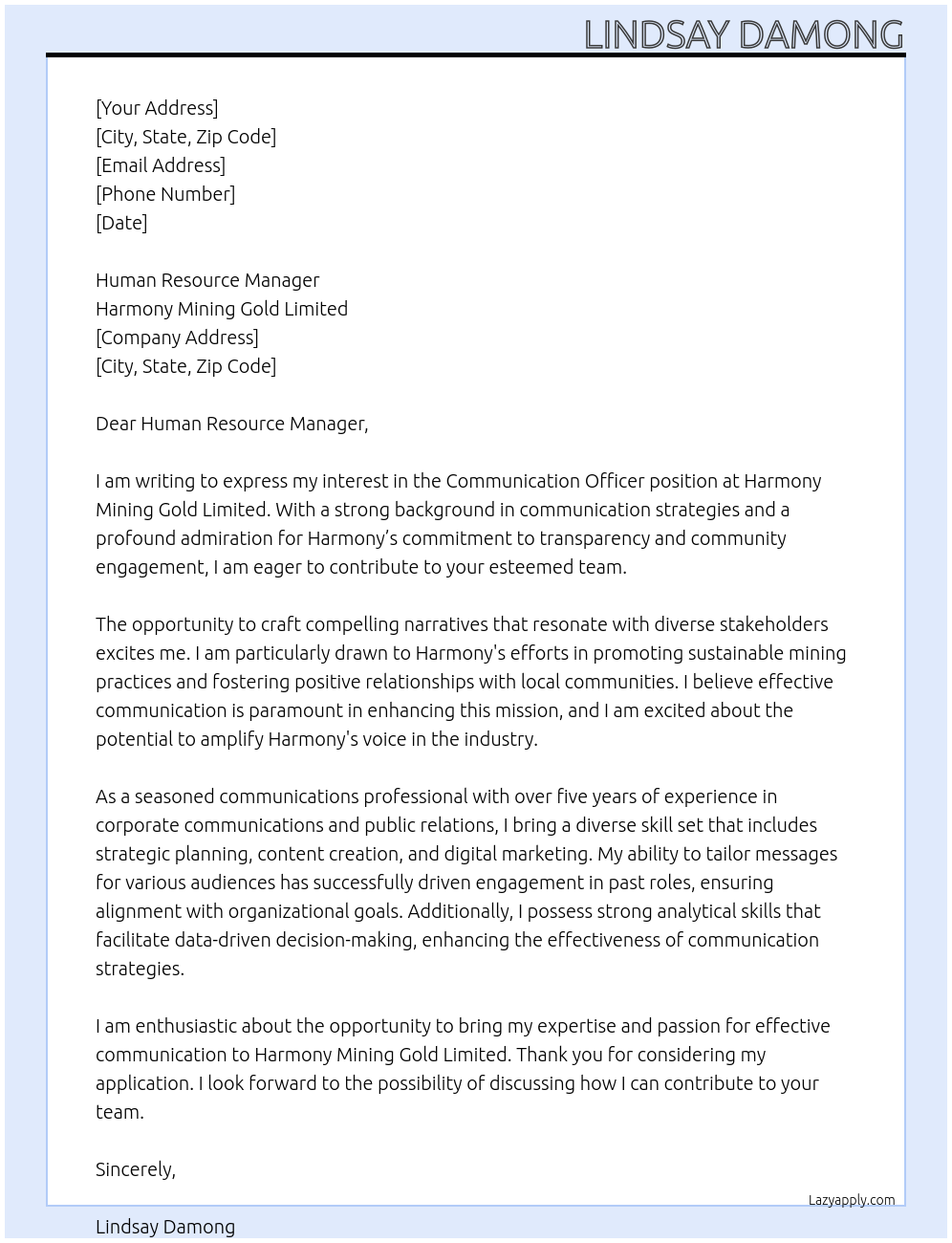 Communication officer At Harmony Mining Gold Limited Cover Letter