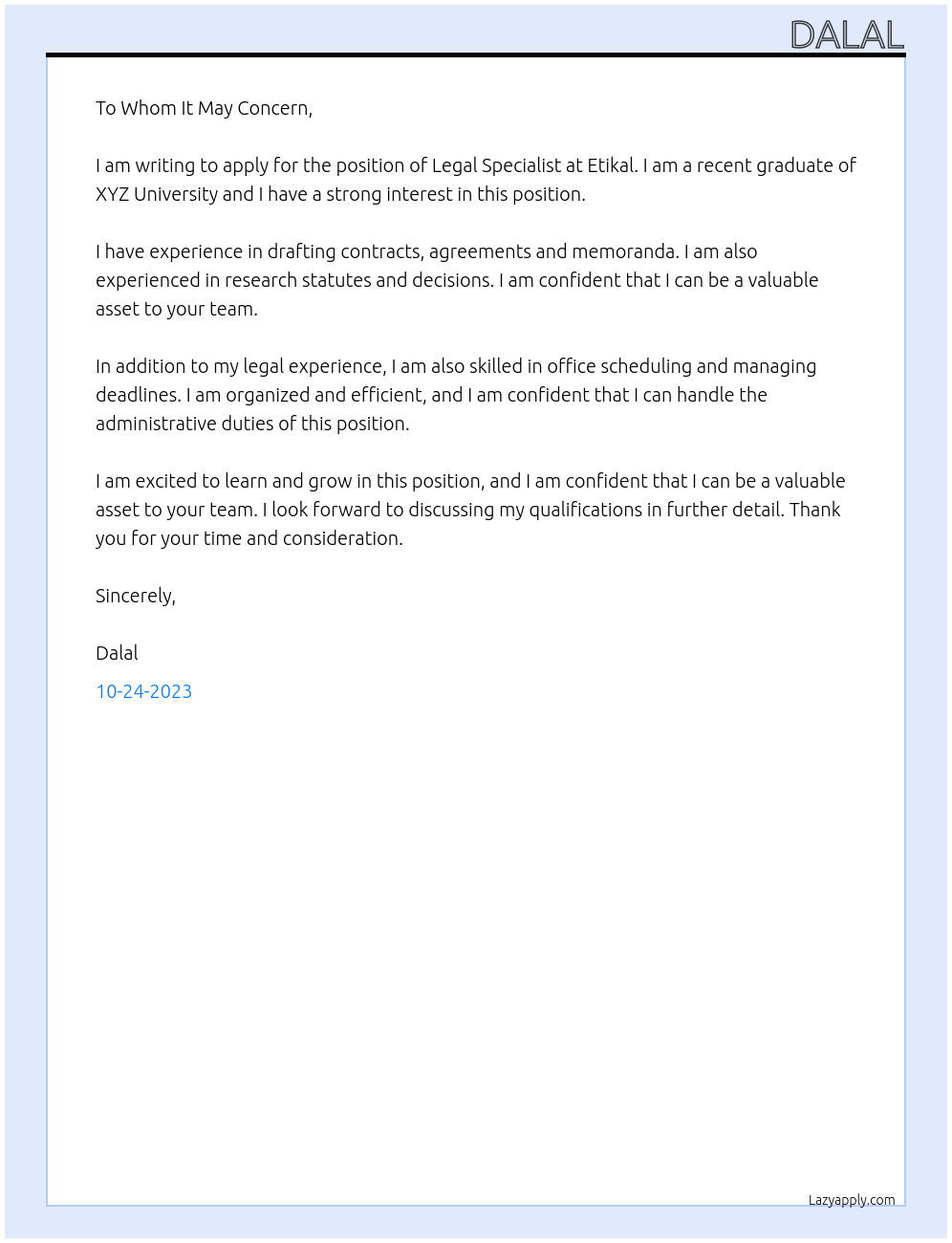 Legal specialist At Etikal Cover Letter