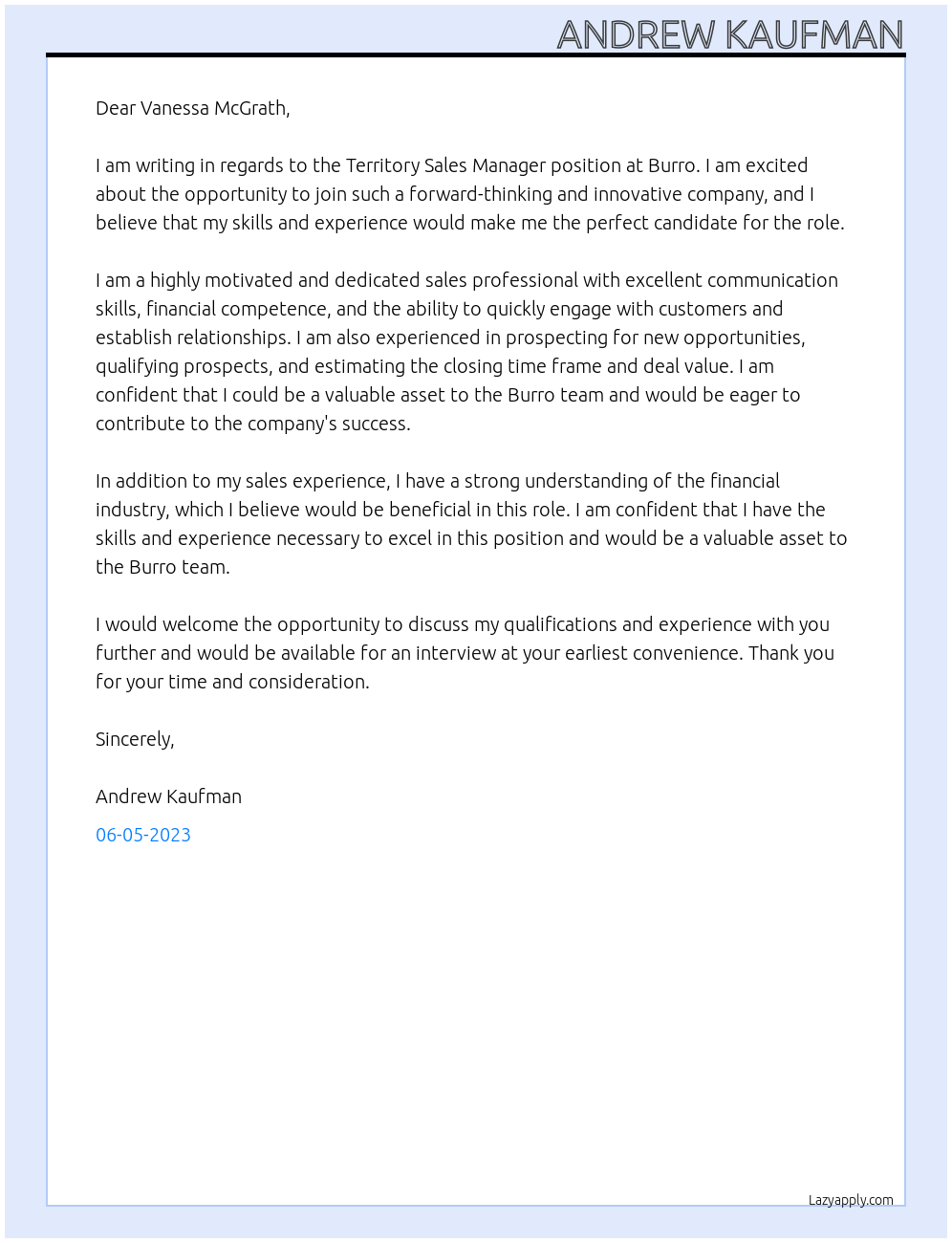 Territory Sales Manager At Burro Cover Letter