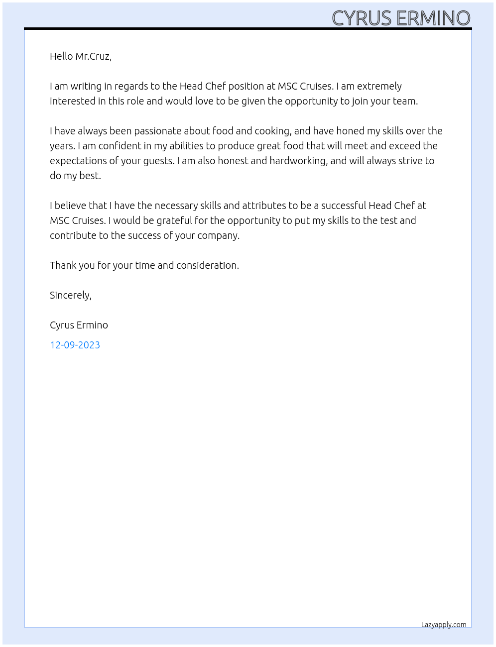 Head Chef At MSC Cruises Cover Letter