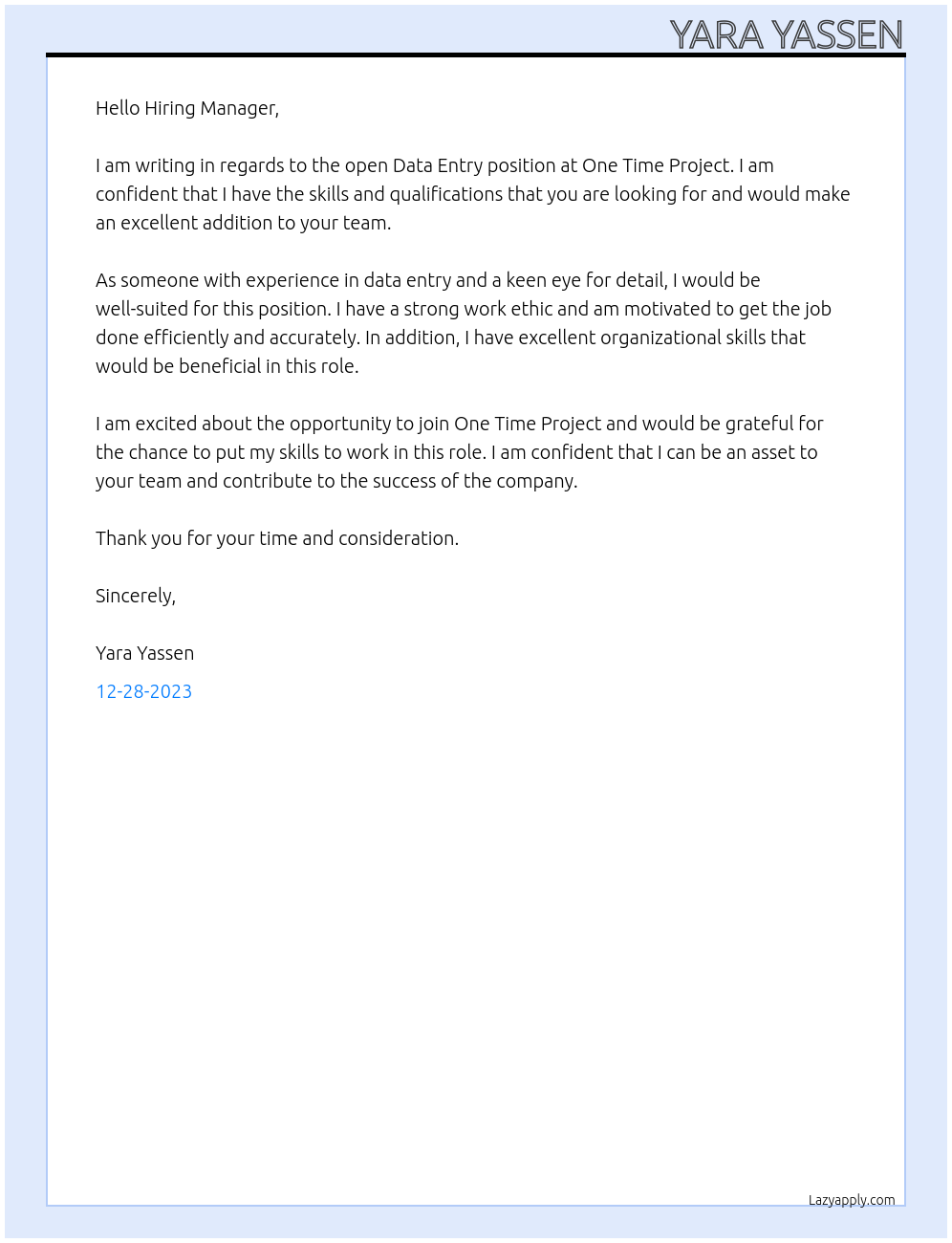 Data entery At one time project Cover Letter