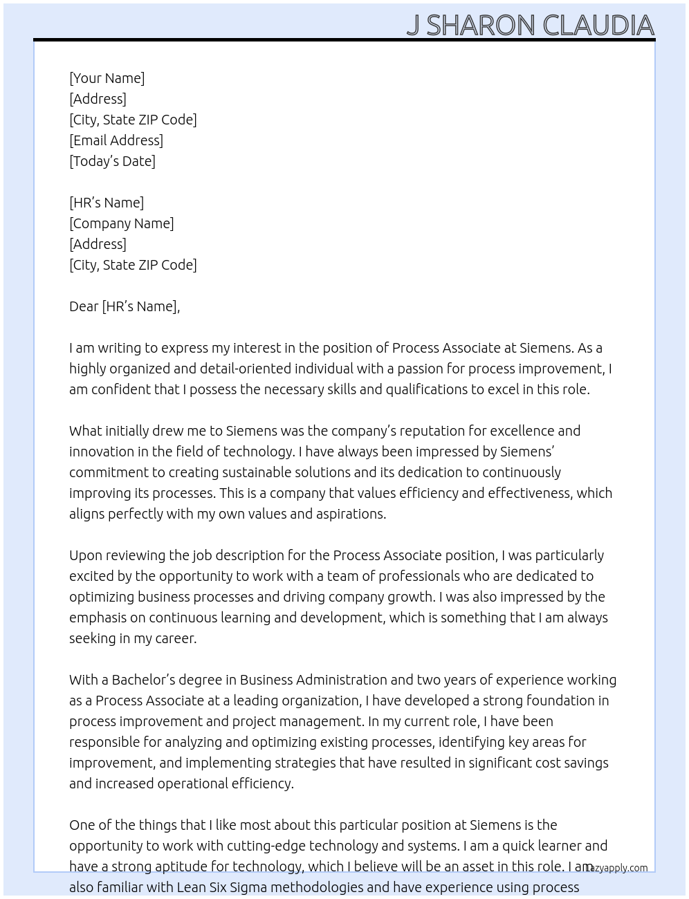process associate At Siemens Cover Letter