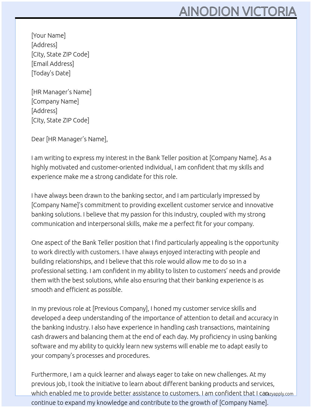 Bank teller At Bank sector Cover Letter