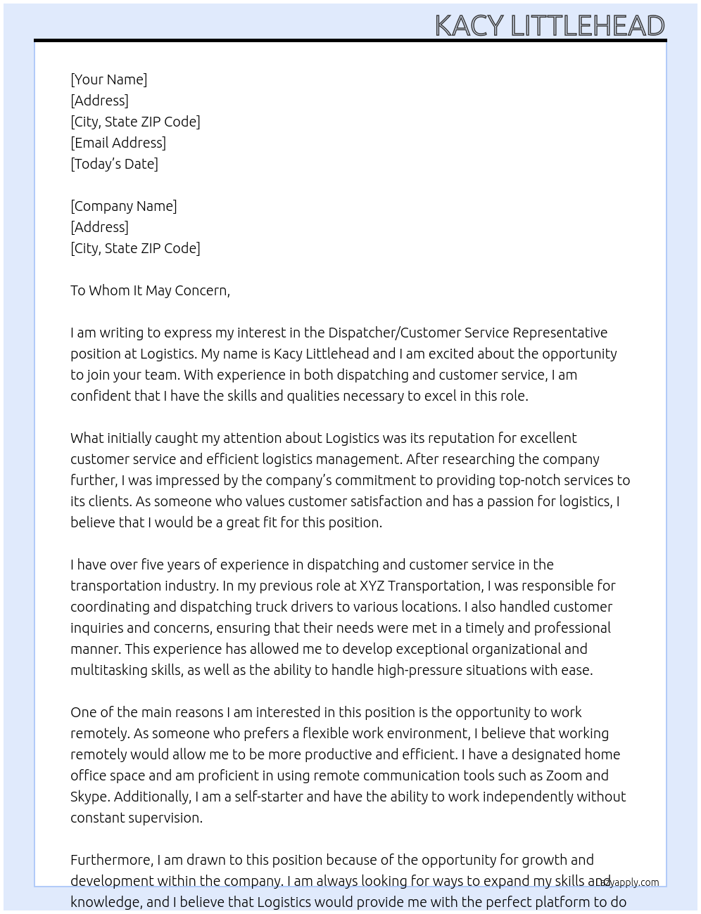 Dispatcher/ Customer service representative At Logistics Cover Letter