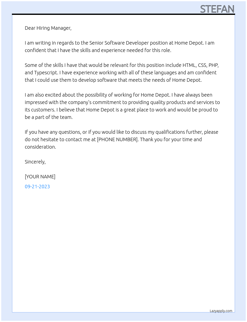 Senior Software Developer At Home Depot Cover Letter