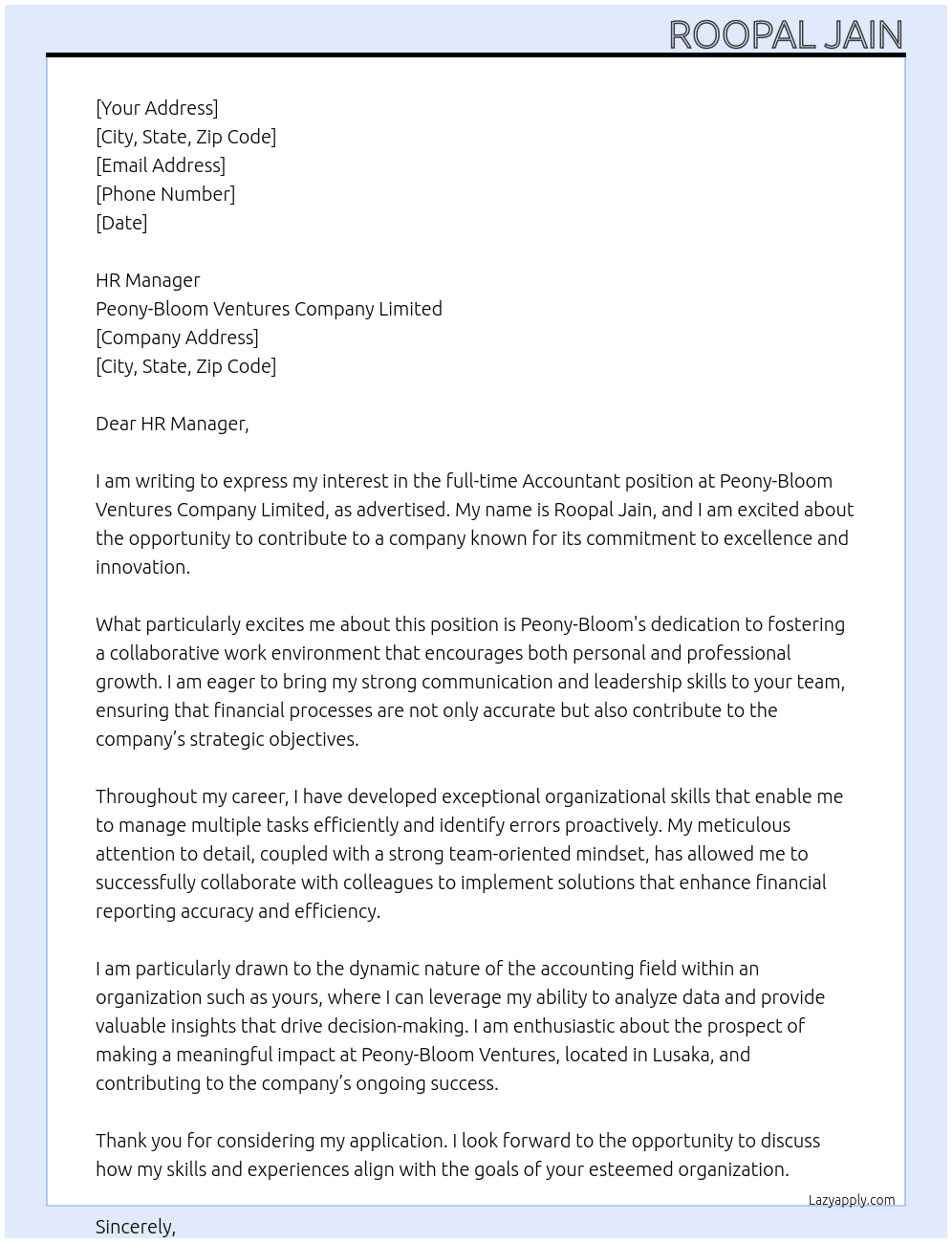 Accountant At Peony-Bloom Ventures Company Limited Cover Letter