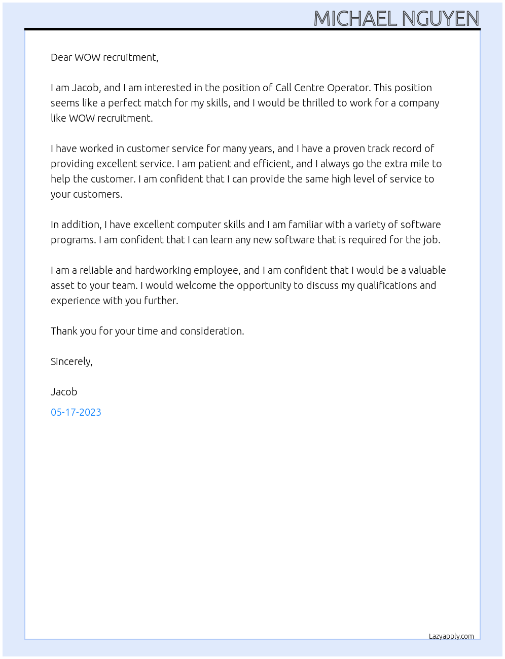 Call Centre Operator At WOW recruitment Cover Letter