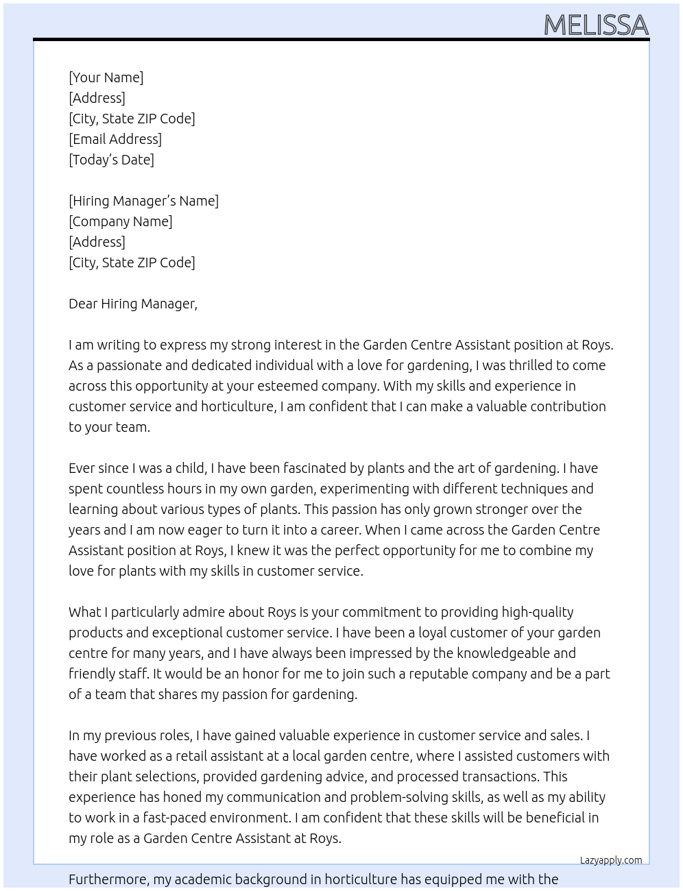 Garden Centre Assistant At Roys Cover Letter