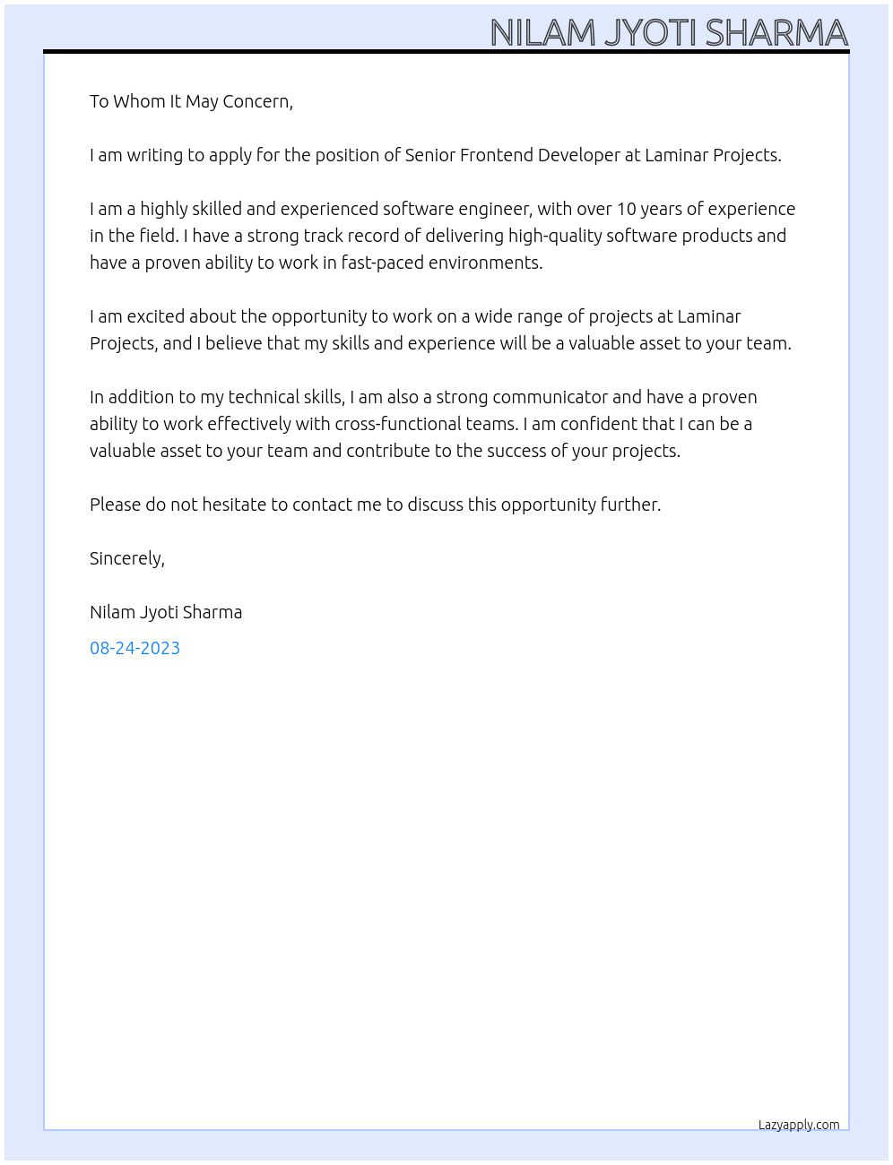 Senior Frontend Developer At Laminar Projects Cover Letter