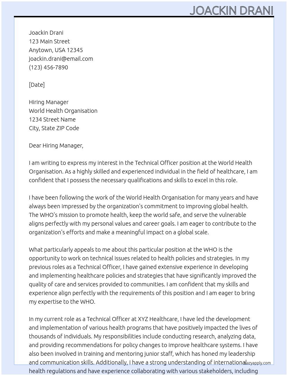 Technical Officer At World Health Organisation Cover Letter