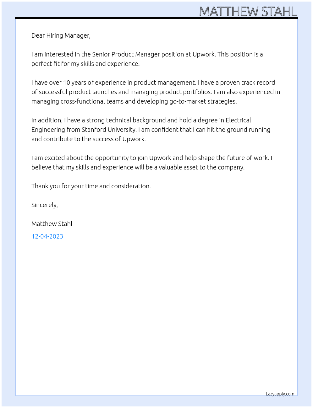 Senior Product Manager At Upwork Cover Letter