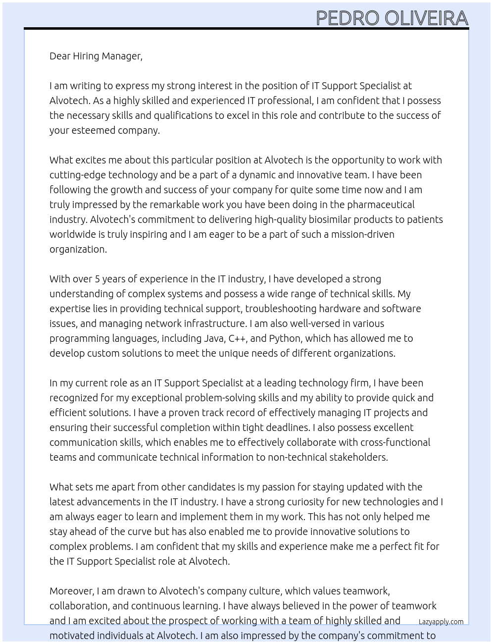 IT Support Specialist At Alvotech Cover Letter