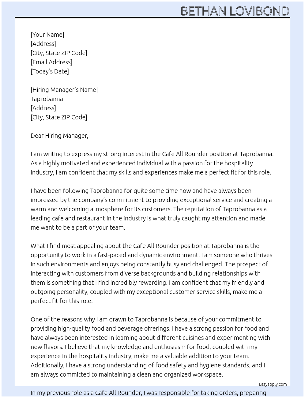 Cafe All Rounder At Taprobanna Cover Letter