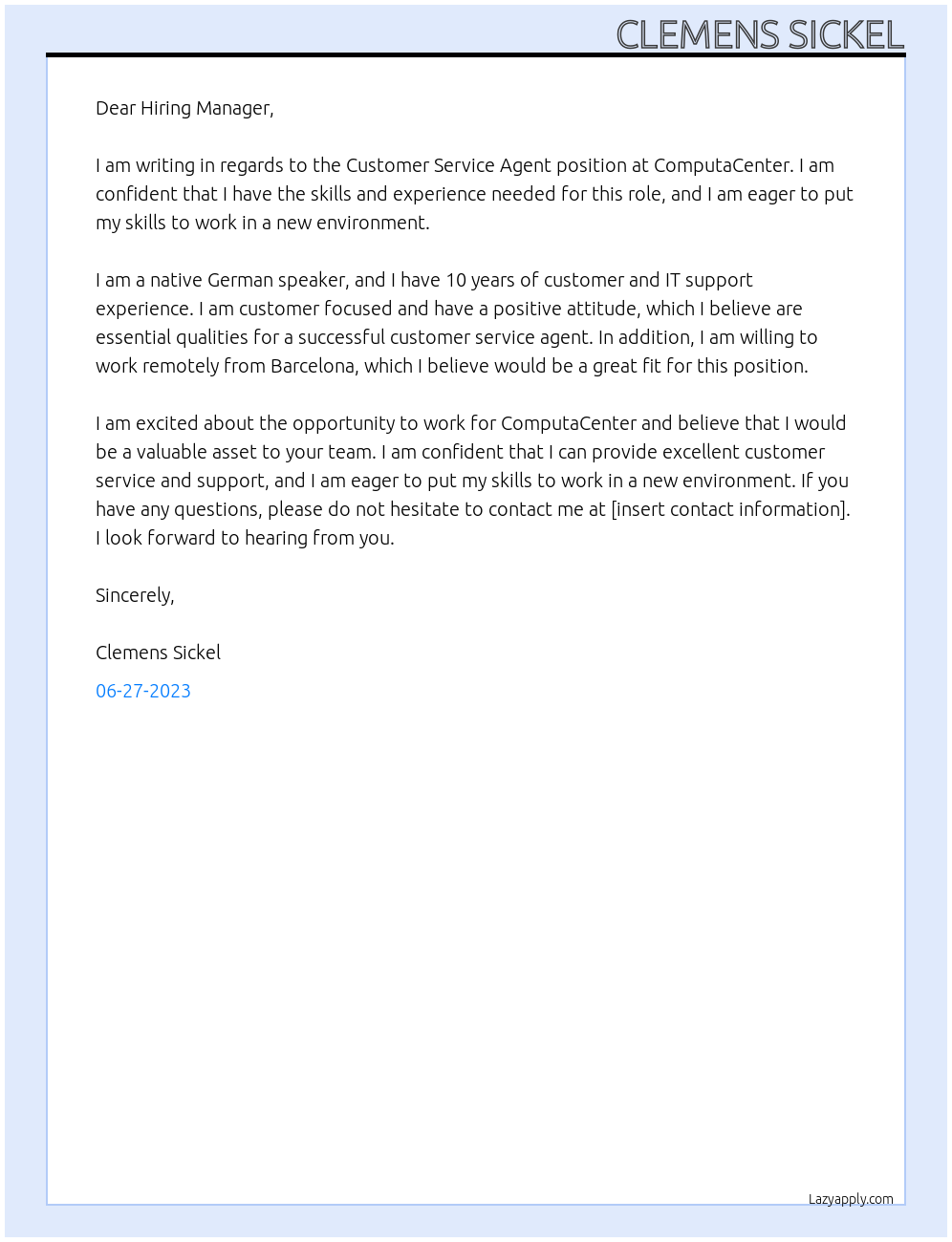 Customer Service Agent At ComputaCenter Cover Letter