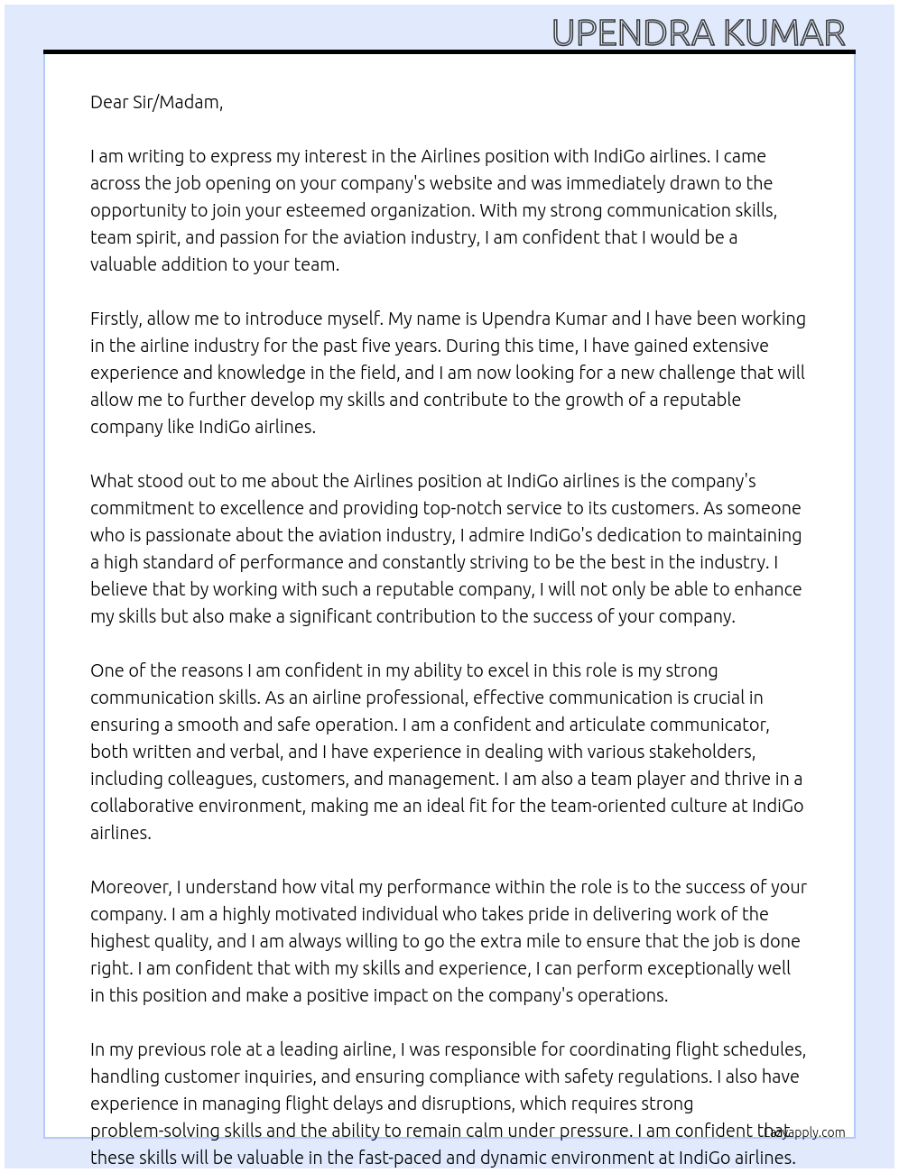Airlines  At IndiGo airlines  Cover Letter
