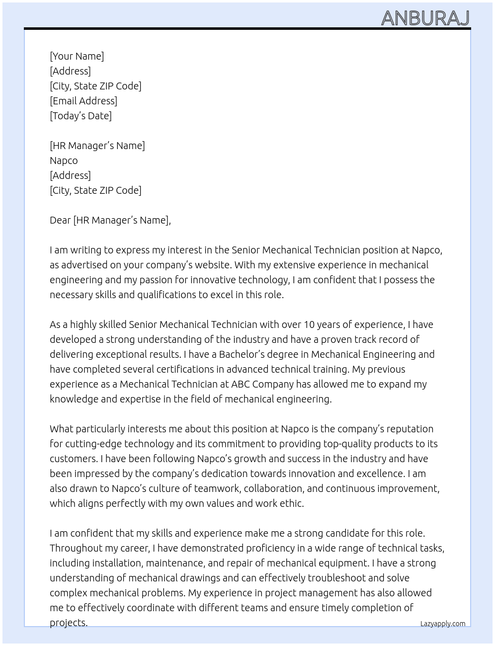 Cover letter for senior mechanical technician - LazyApply