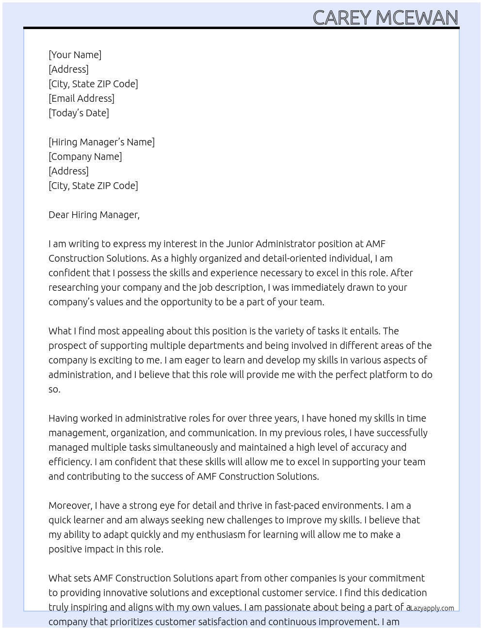 Junior Administrator  At AMF construction solutions Cover Letter