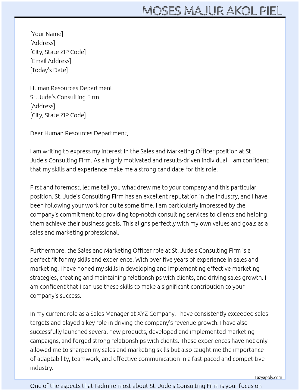 Sales and Marketing Officer At St. Jude's Consulting Firm Cover Letter