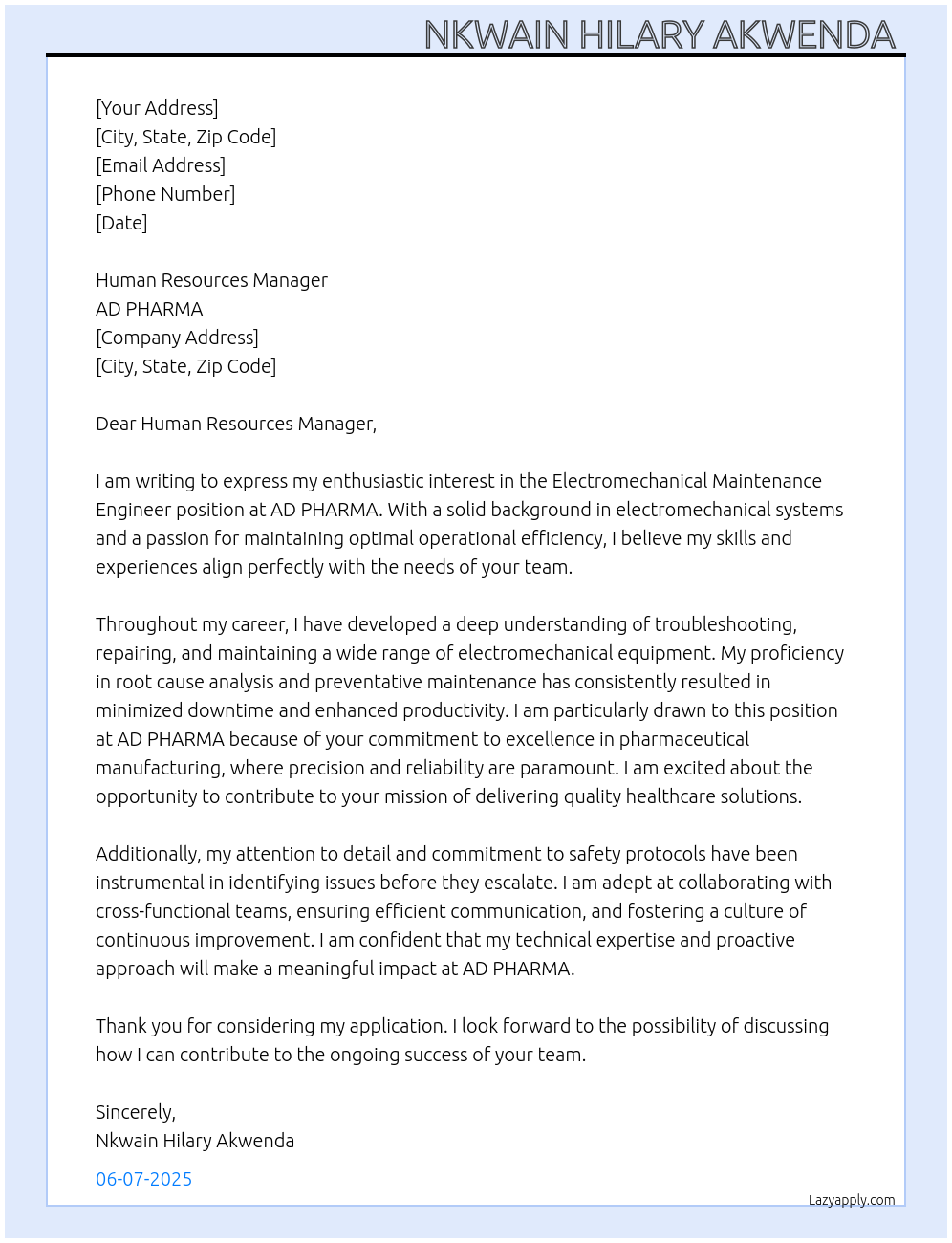 Cover letter for electromechanical maintenance engineer - LazyApply