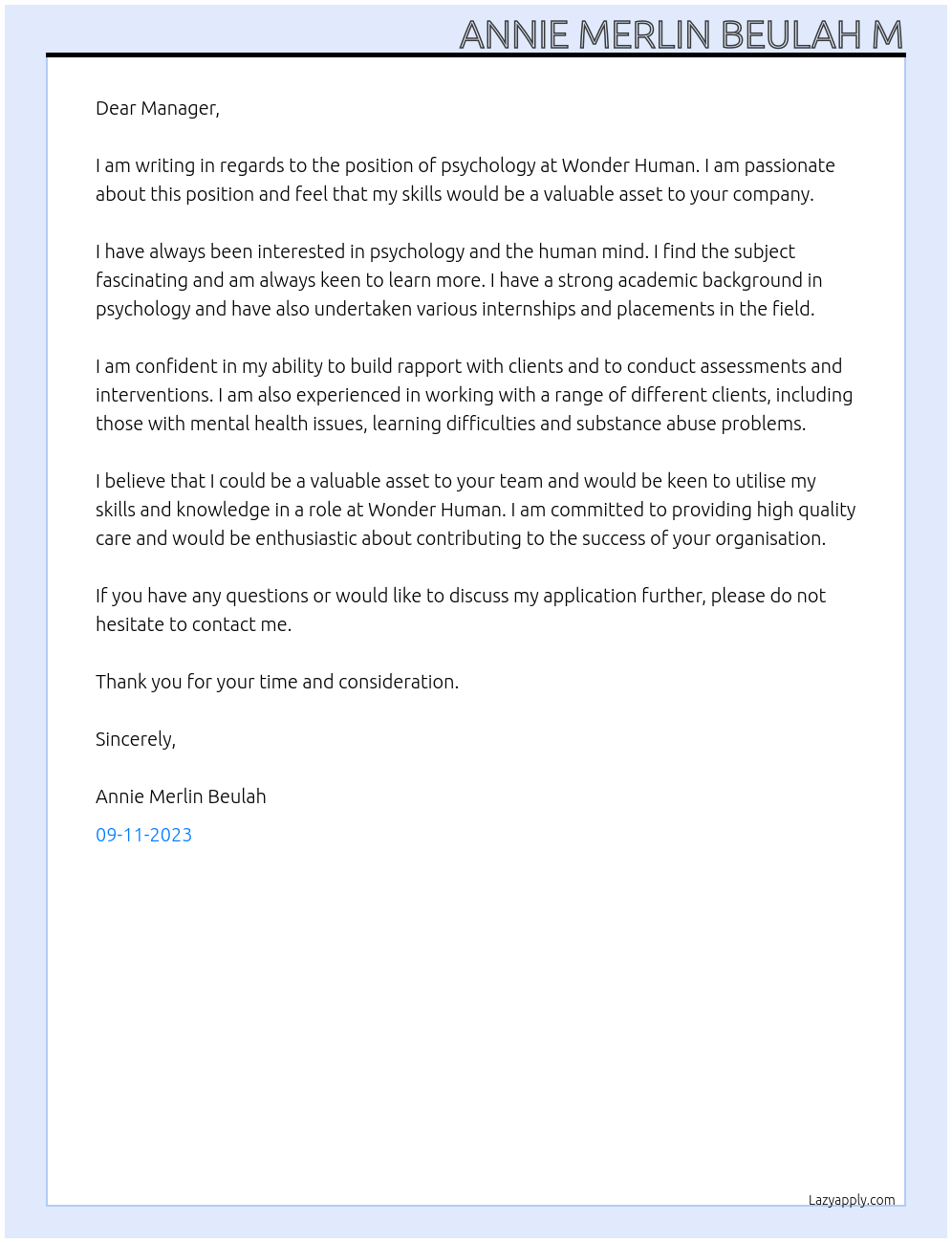 psychology At Wonder Human Cover Letter