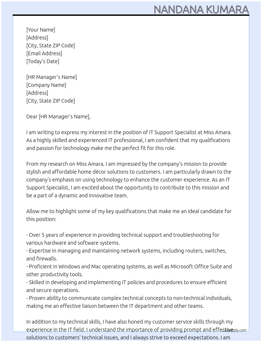 IT Support Specialist At Miss Amara Cover Letter