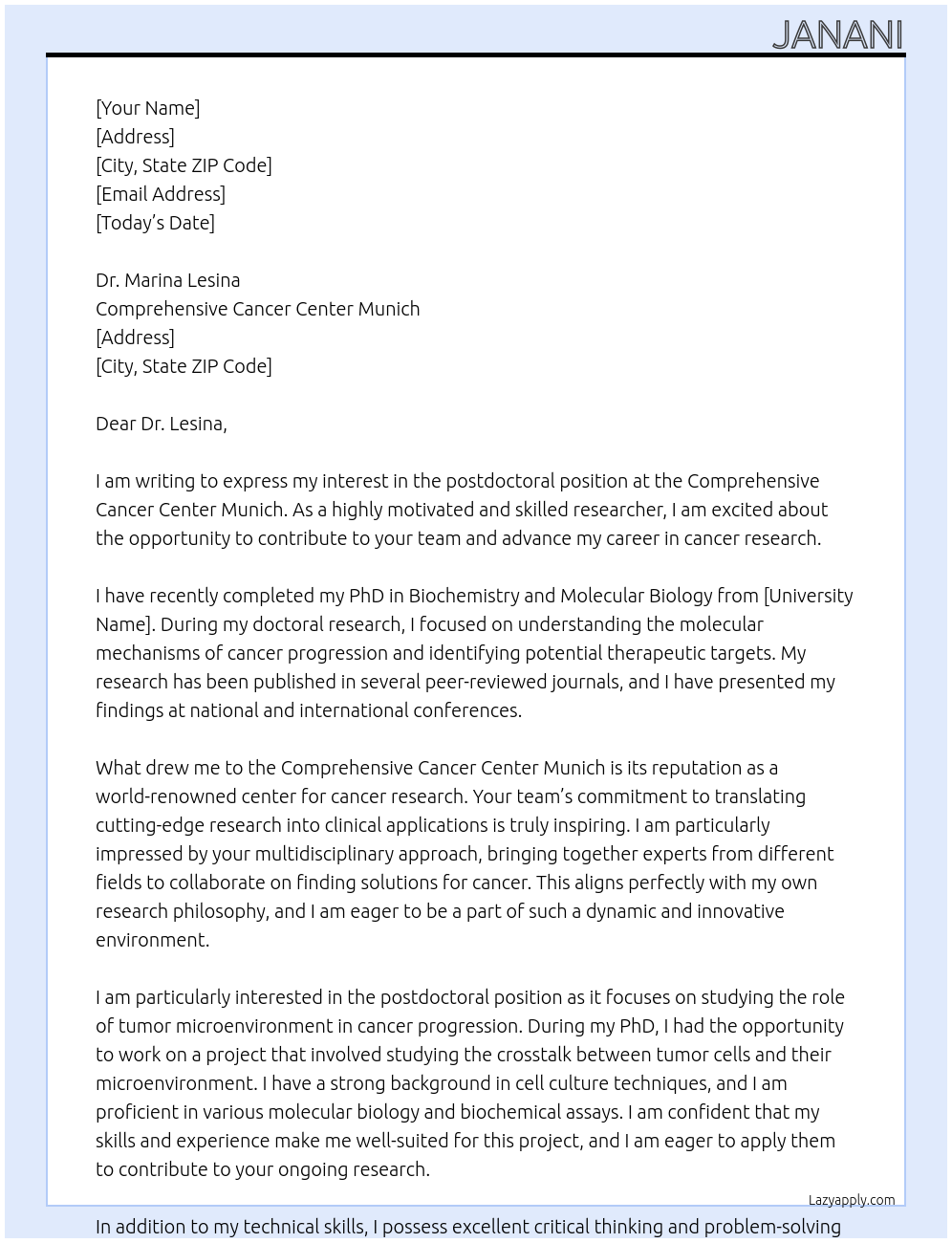 postdoctoral position At Comprehensive Cancer Center Munich Cover Letter