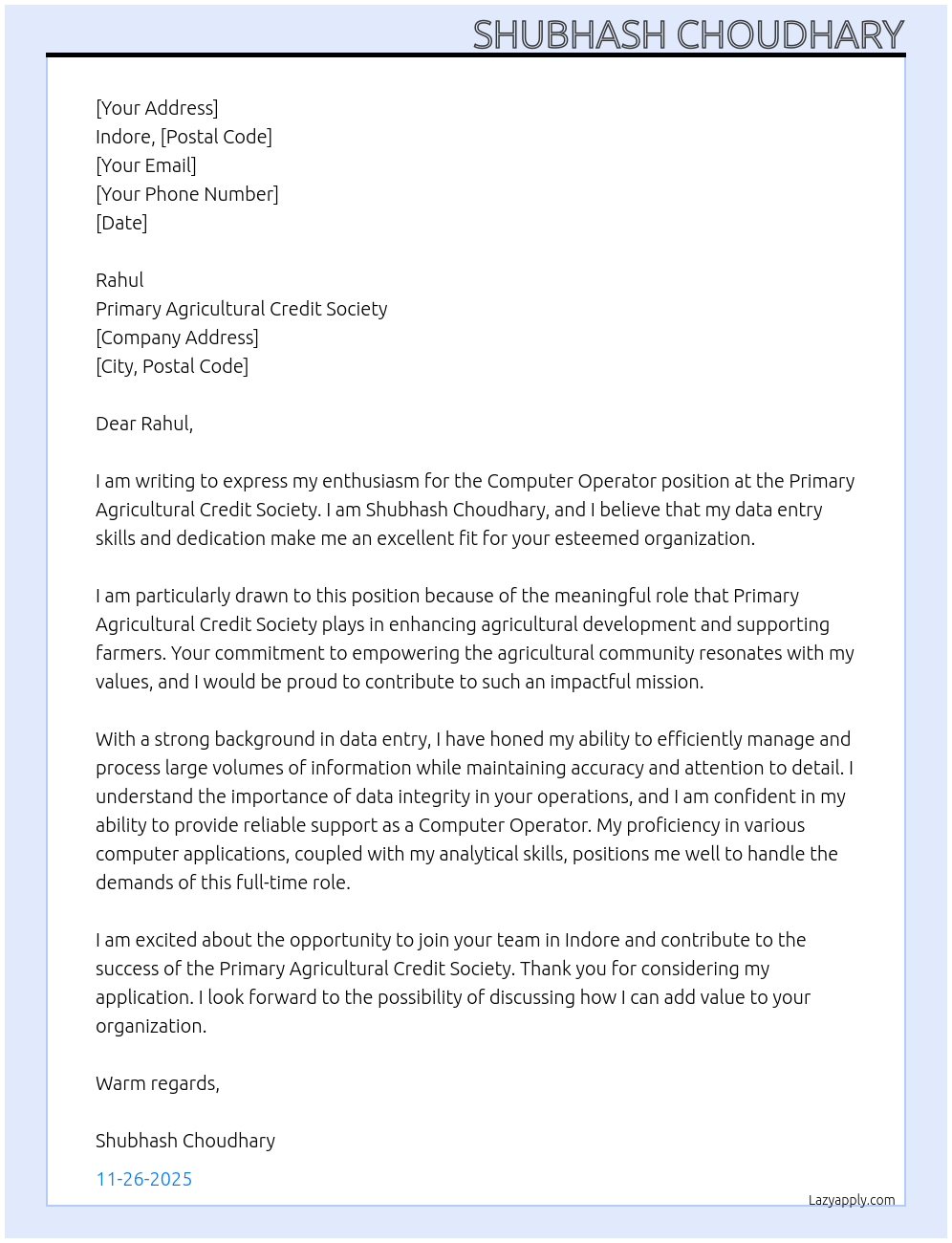 Computer Operator At Primary Agricultural Credit Society Cover Letter