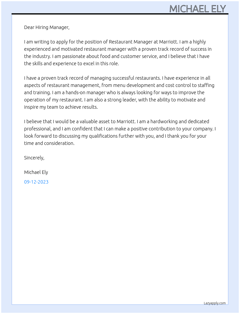 Restaurant Manager At Marriot Cover Letter