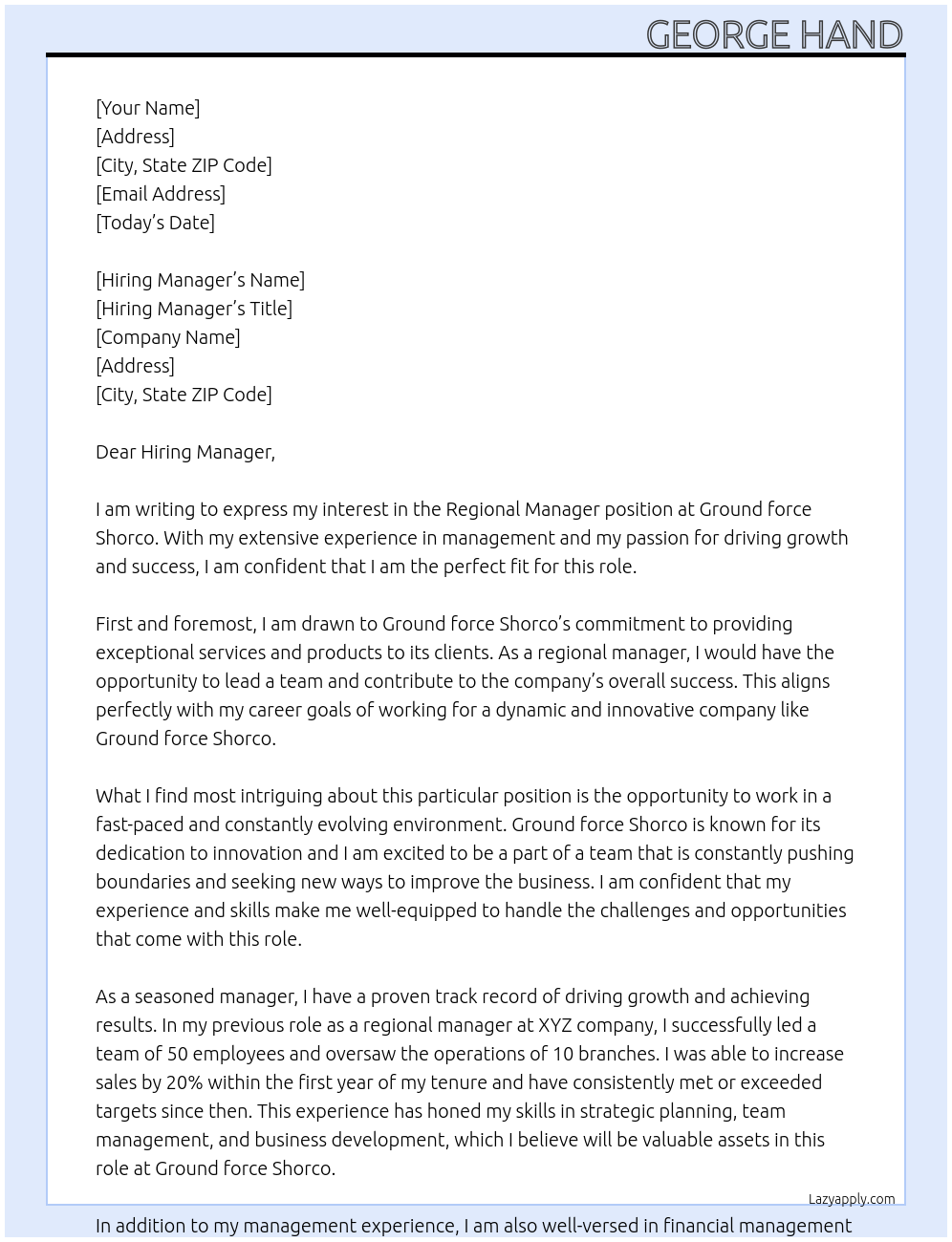 Regional manager At Ground force Shorco Cover Letter