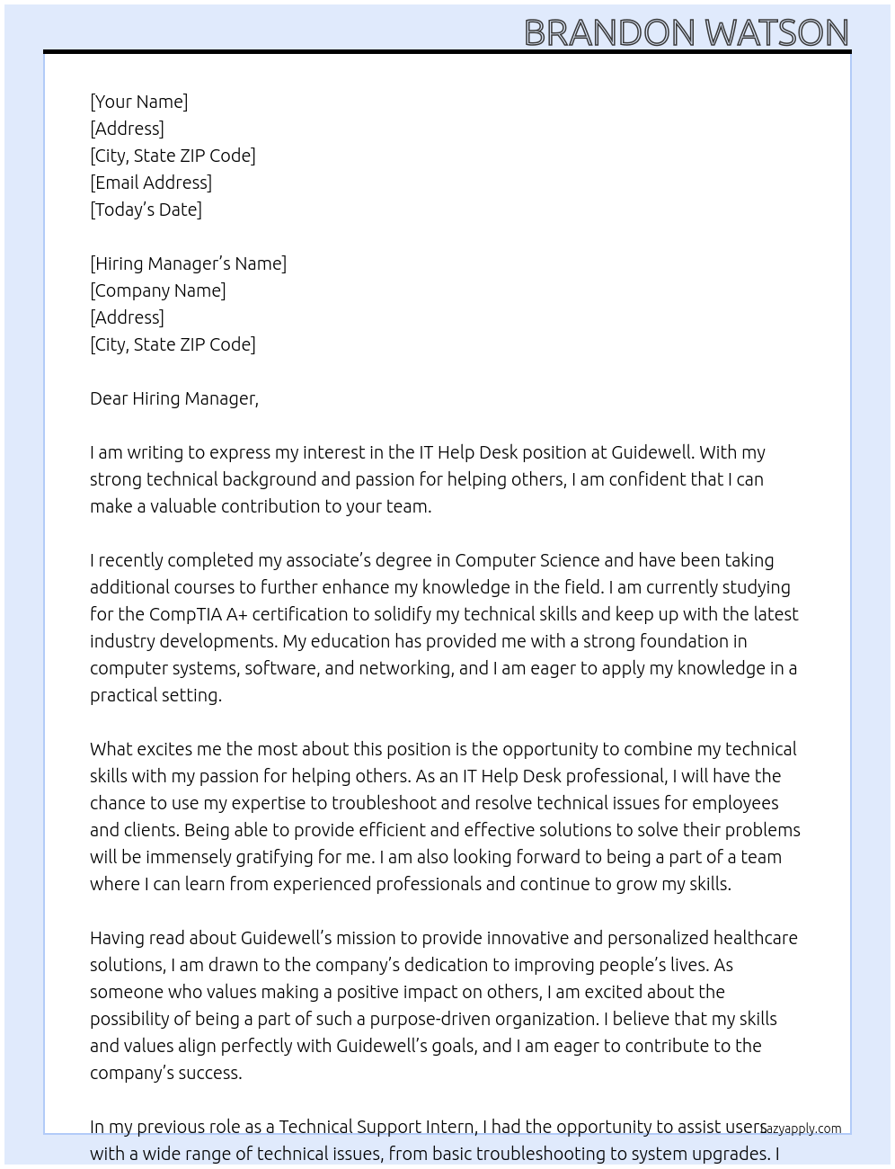 it help desk At guidewell Cover Letter