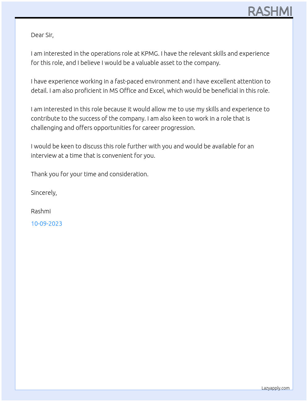 operation At KPMG Cover Letter