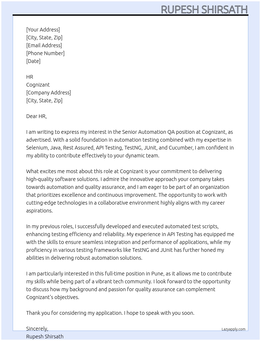 Senior Automation QA At Cognizant Cover Letter