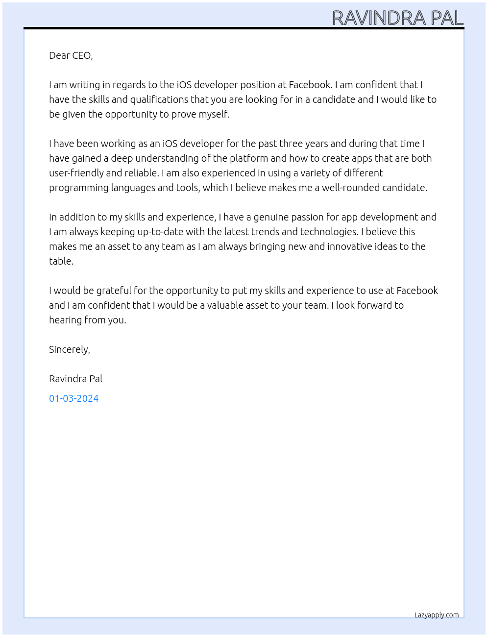 ios developer At facebook Cover Letter