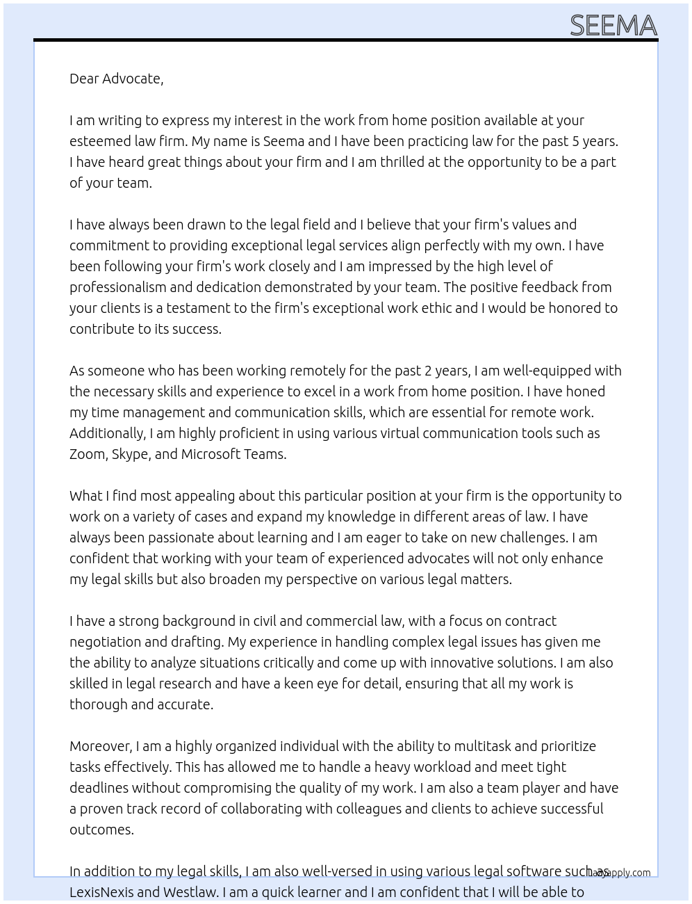 Work from home At Law firm Cover Letter