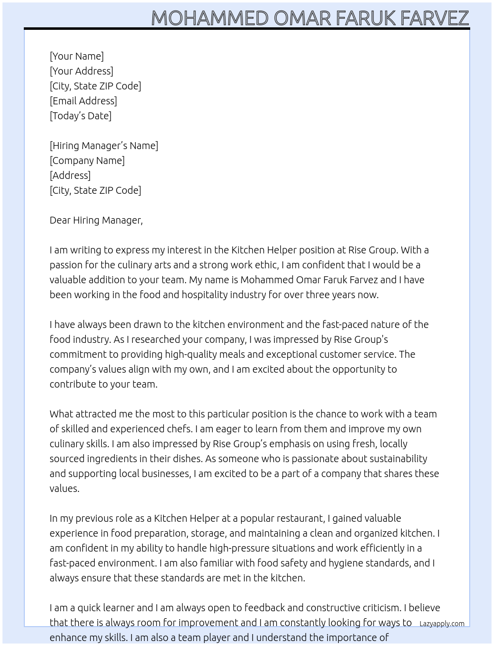 Kitchen helper  At Rise Group Cover Letter