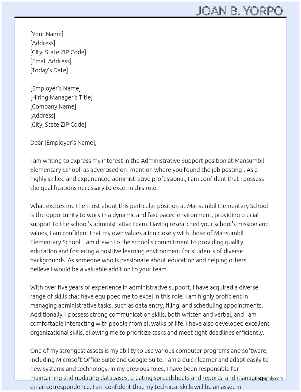 Administrative Support At Mansumbil Elementary School Cover Letter