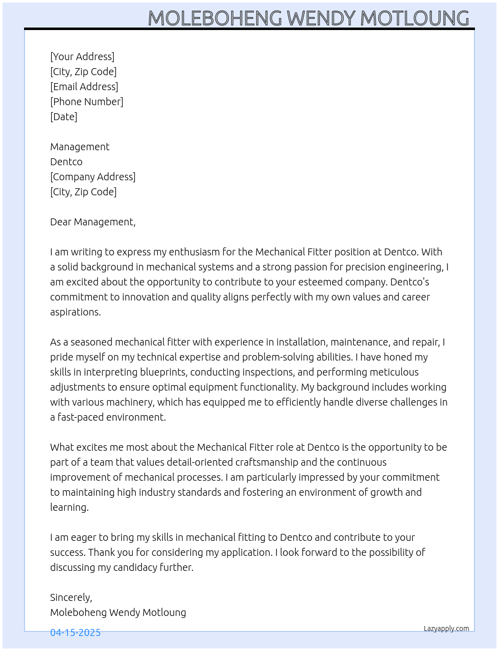 mechanical fitter At Dentco Cover Letter