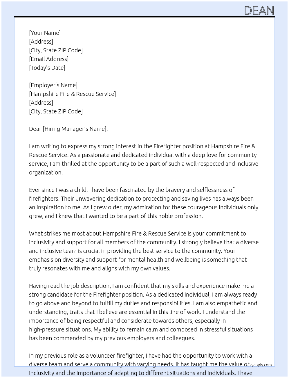 Firefighter At Hampshire Fire & rescue service Cover Letter