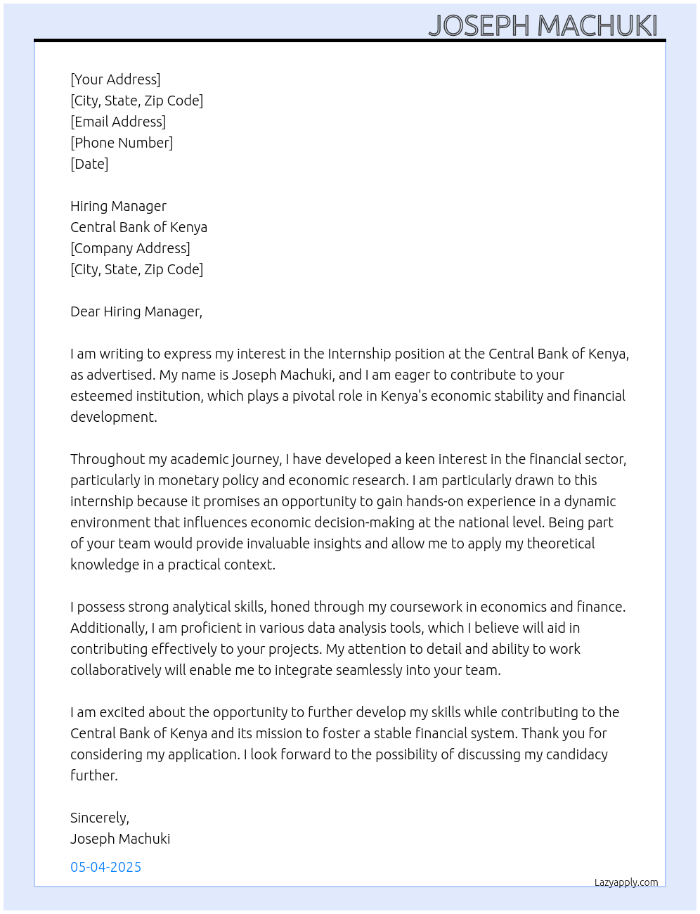 Internship At Central bank of kenya Cover Letter