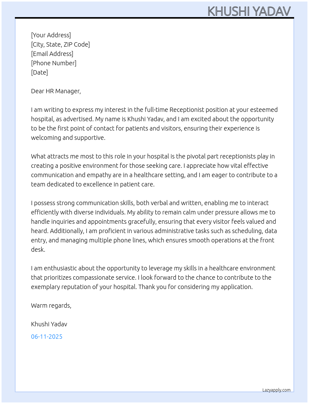 Receptionist At Hospital Cover Letter