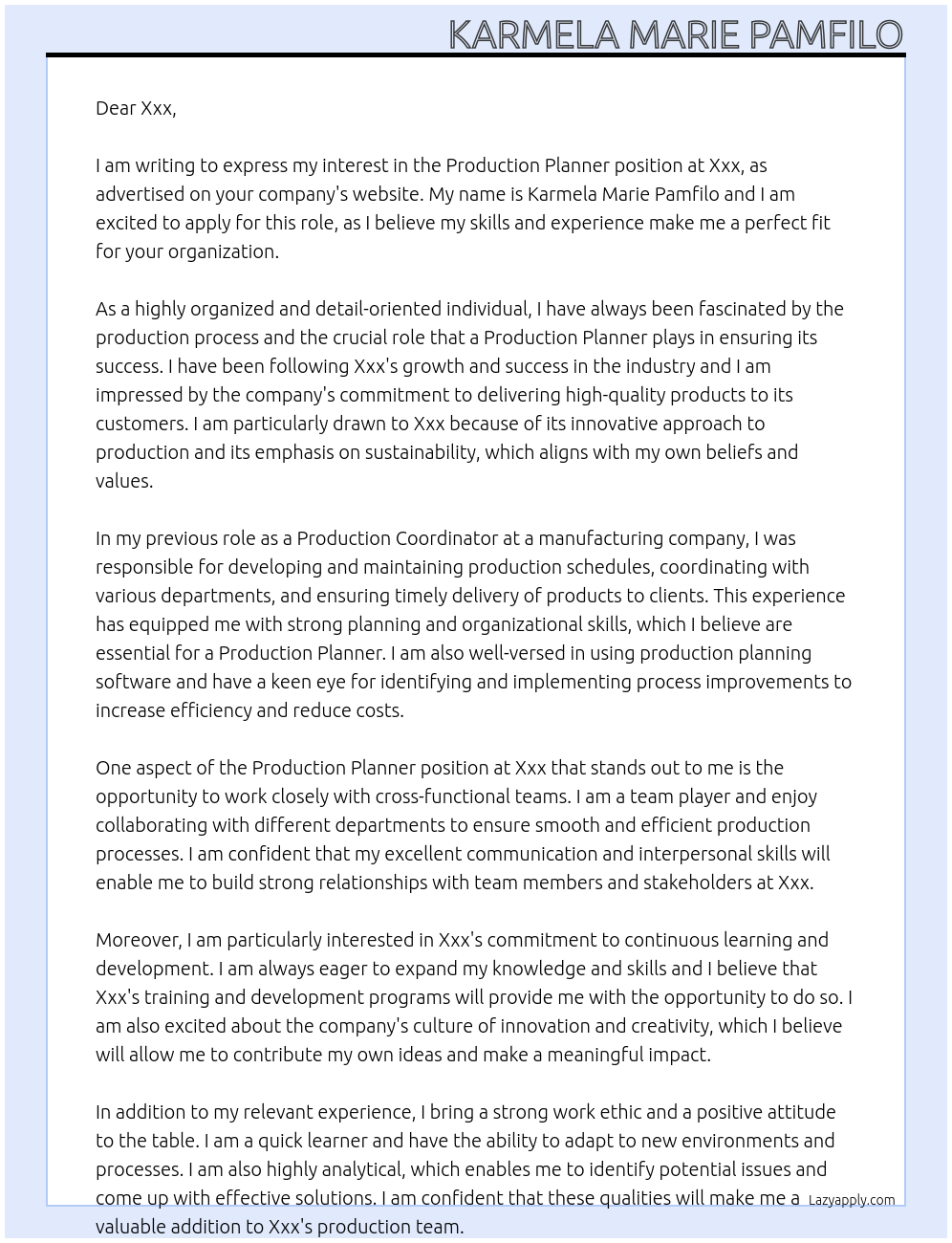 Production Planner At Xxx Cover Letter