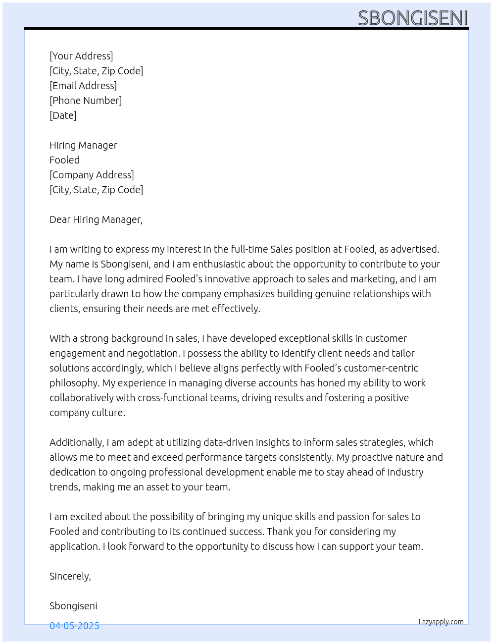 Sales At fooled Cover Letter