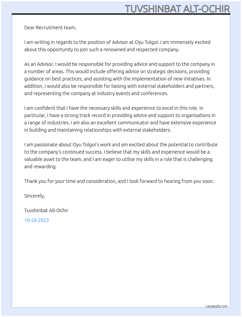 Advisor At Oyu Tolgoi Cover Letter