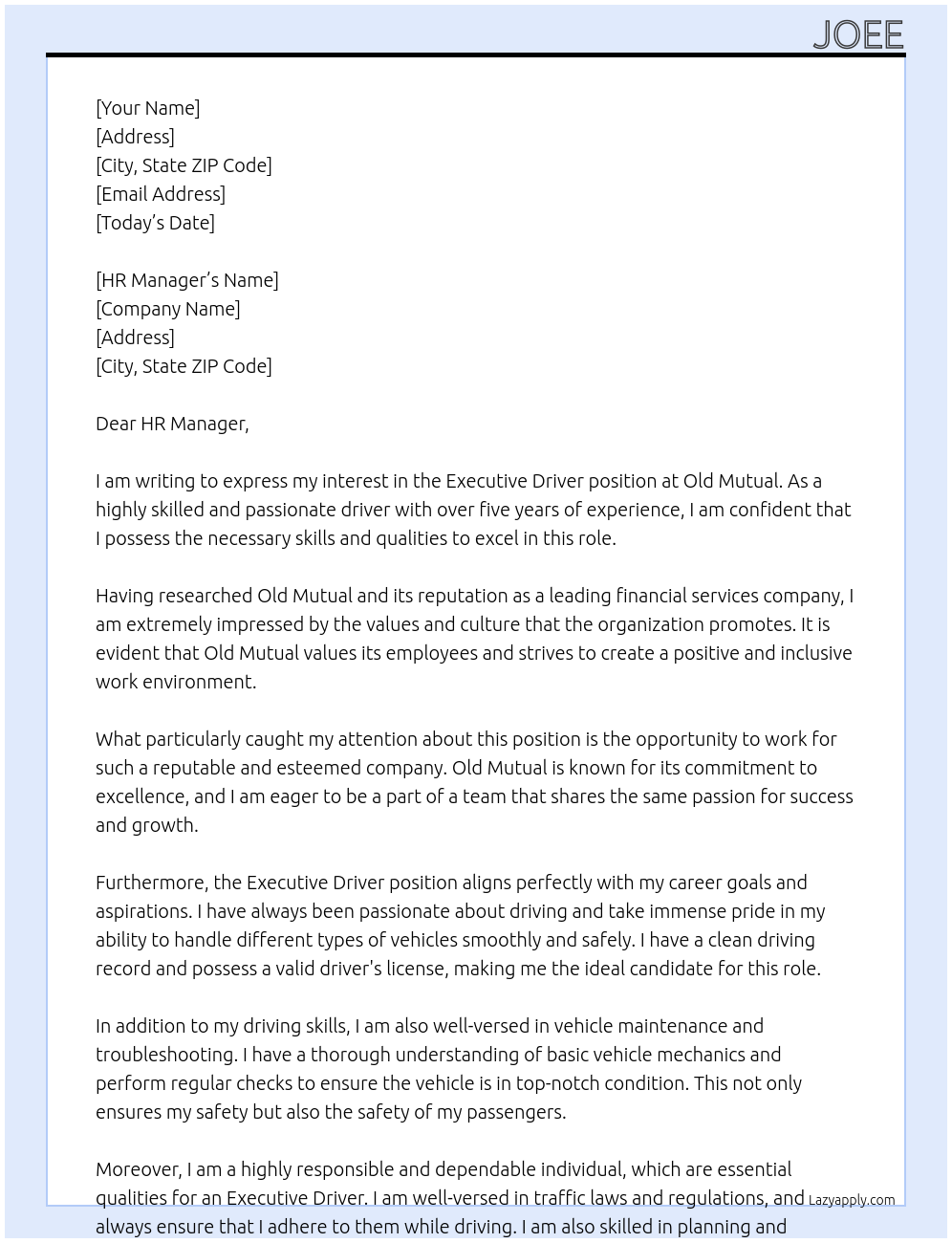 Executive driver At Old Mutual Cover Letter