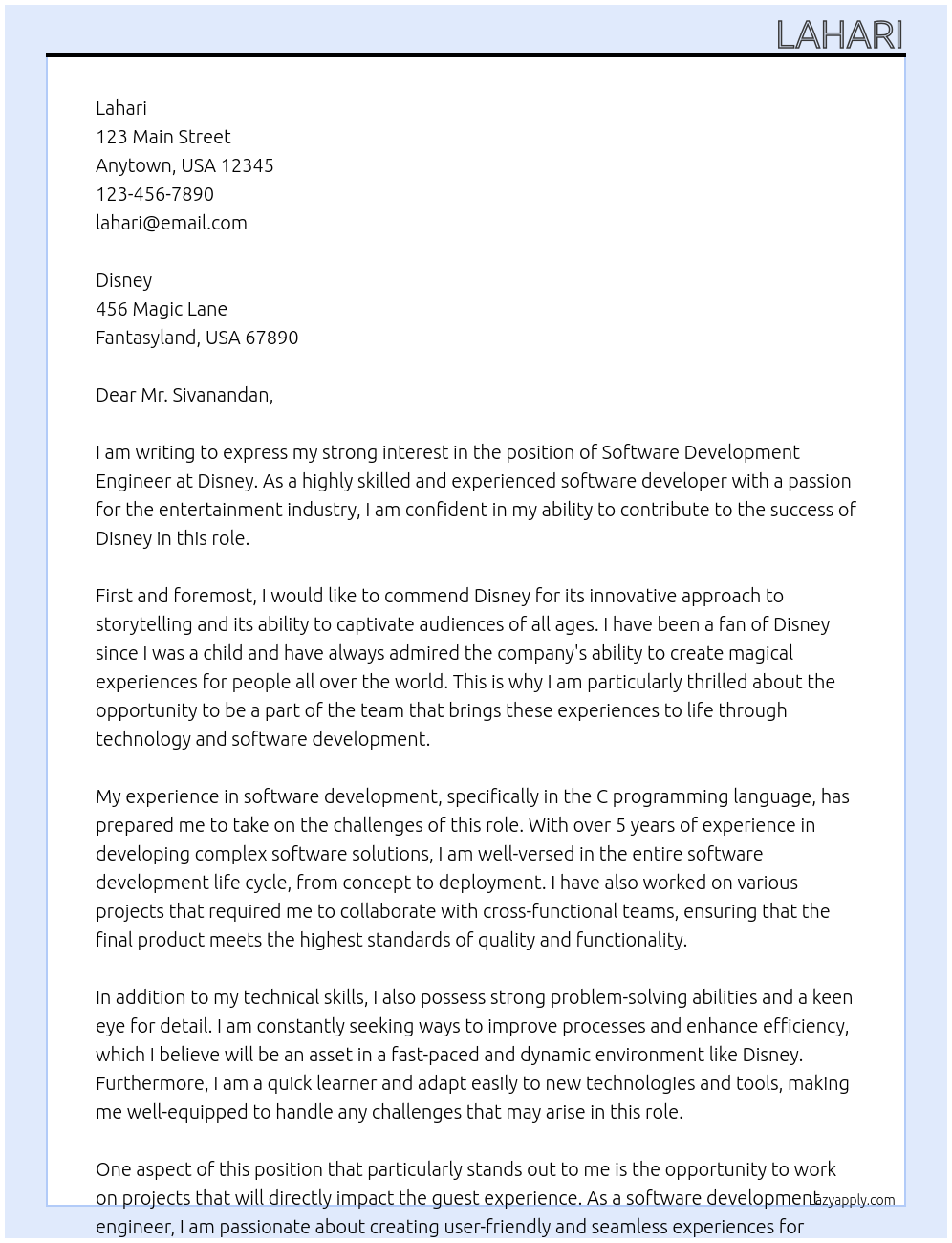 Software development engineer At disney Cover Letter