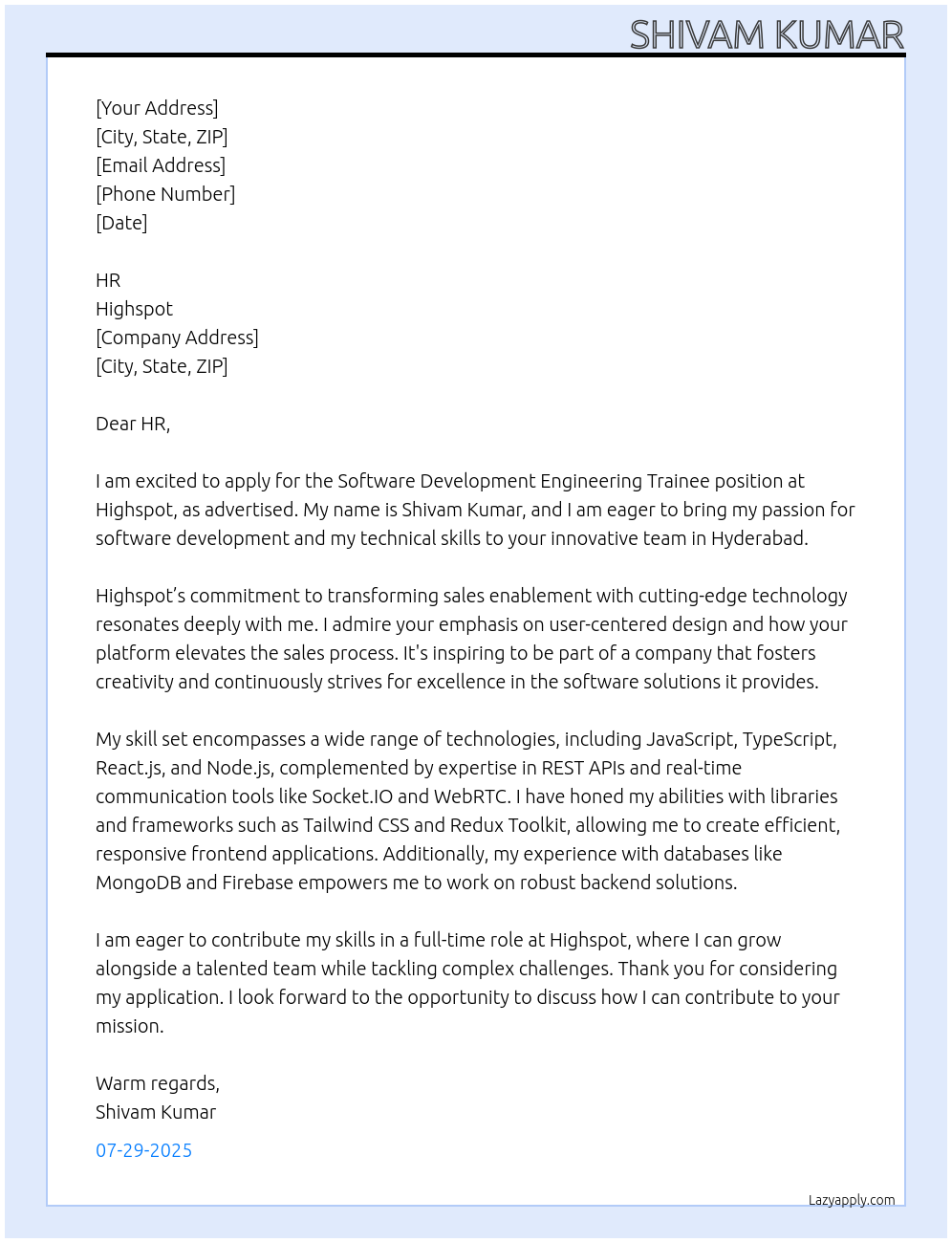 Cover letter for software development engineering trainee - LazyApply
