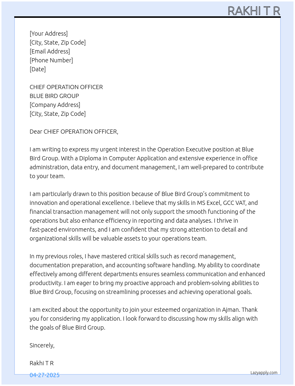 OPERATION EXECUTIVE At BLUE BIRD GROUP Cover Letter