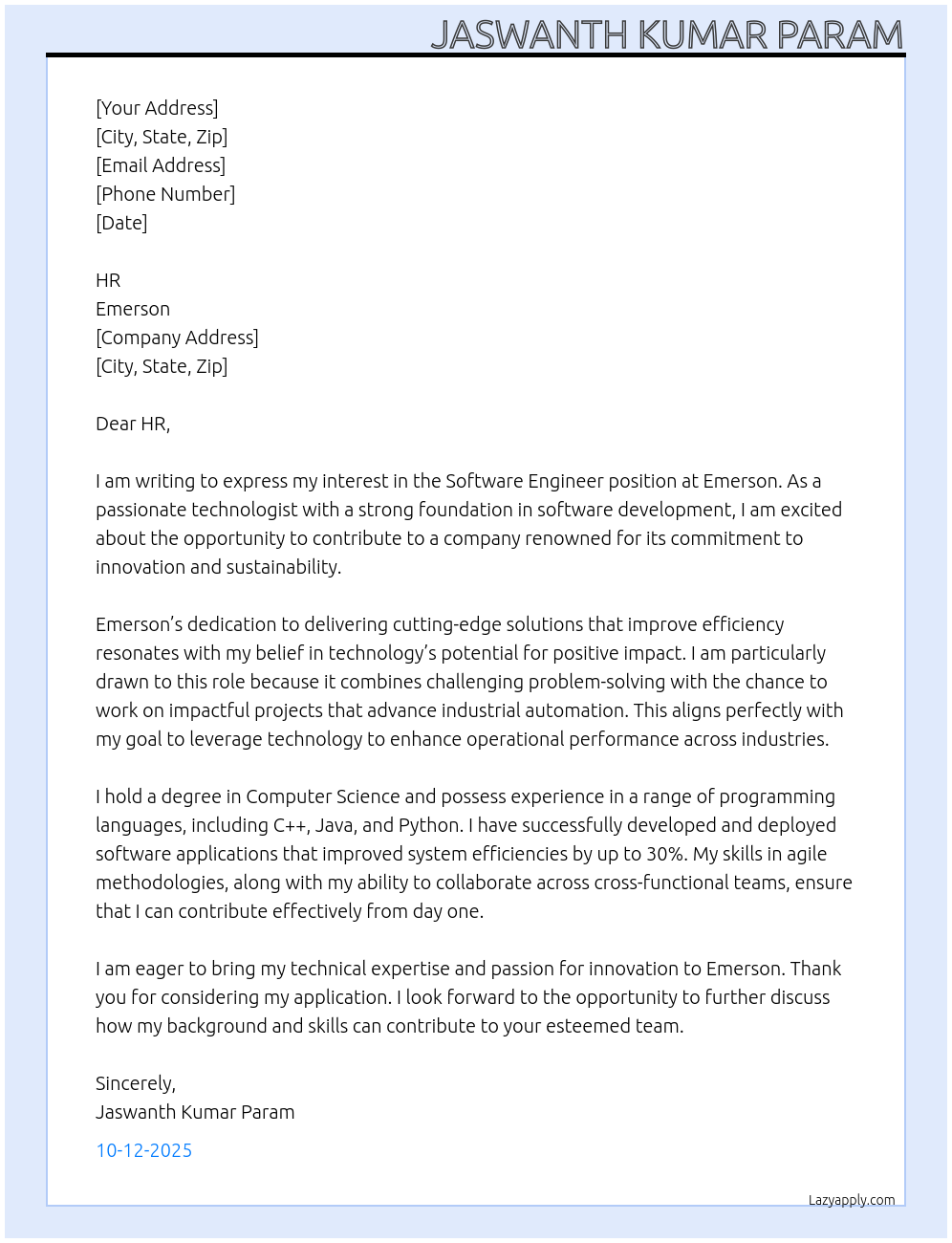 software Engineer At Emerson Cover Letter