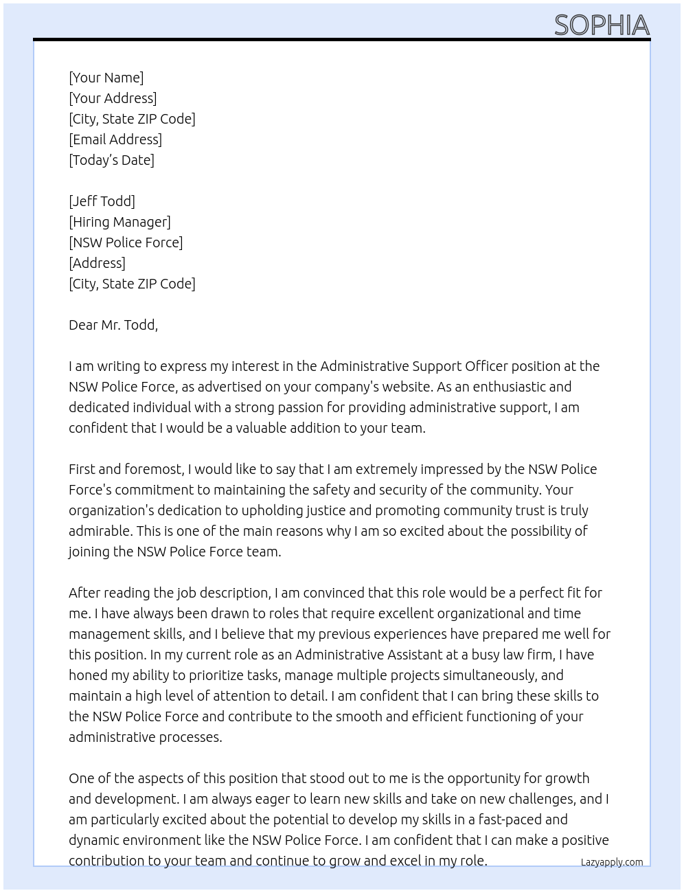 Administrative Support Officer At NSW Police Force Cover Letter